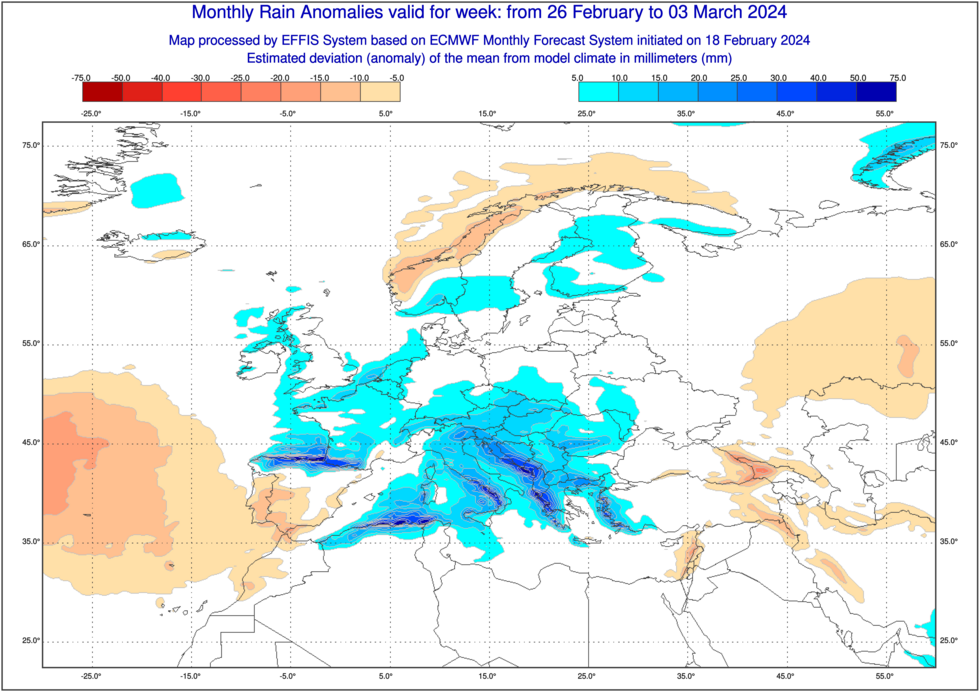 Az ECMWF csapadék anomália előrejelzése február utolsó és március első napjaiban (Térkép: Copernicus/EFFIS) 
