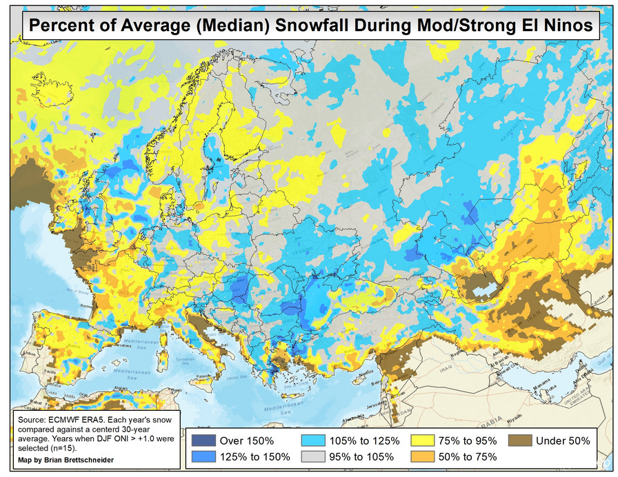 Erős El Nino telek %-os hó anomáliája 30 év átlagához